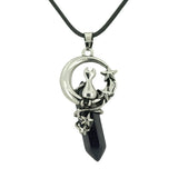 Gothic Star Moon Cat Crystal Necklace, Natural Gemstone Hexagonal Point Pendant, Vintage Silver Crescent Moon Choker with Black Cord for Women