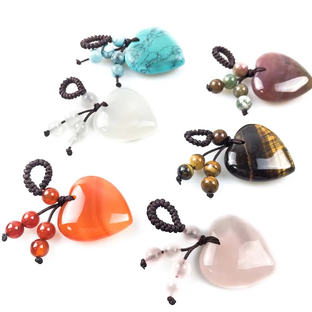 Natural Heart Crystal Keychain, Hand Knotted Chakra Gemstone Beads Love Stone Keyring for Mother’s Day Gift