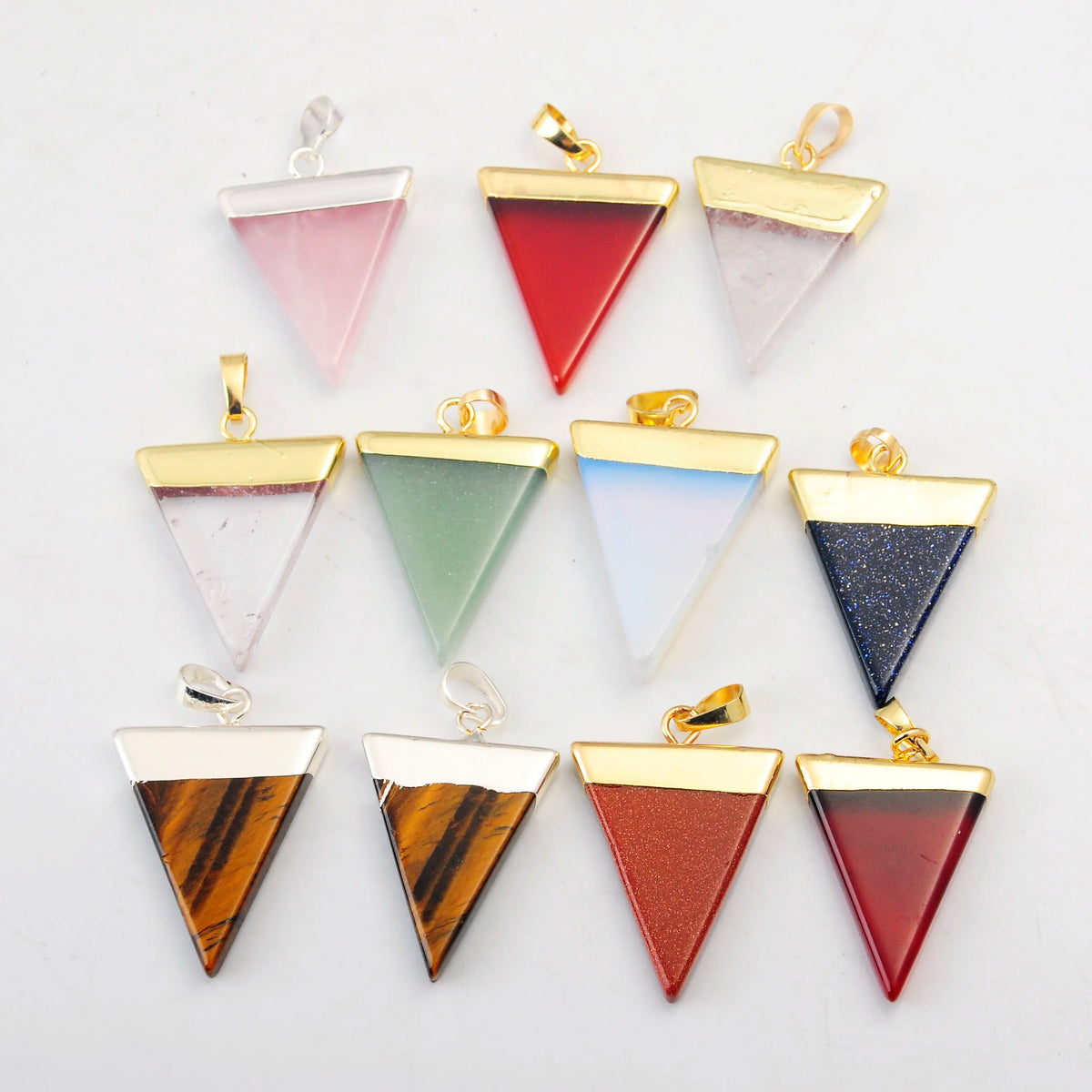 Natural Triangle Gemstone Pendant, Gold & Silver Plated Edge Crystal Charm, Chakra Reiki Healing Stone Pendant for DIY Necklace Making