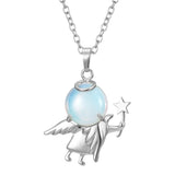 Angel Holding Natural Crystal Ball Pendant Necklace, Silver‑Plated Metal Angel Figurine Spherical Gemstone Charm Reiki Healing Spiritual Jewelry for Women Gift