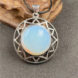 Vintage Six-Pointed Star Openwork Pendant Inlaid Natural Gemstone, Abalone Shell Tiger Eye Rose Quartz Cabochon Antique Silver Spiritual Crystal Necklace for Women
