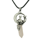 Gothic Star Moon Cat Crystal Necklace, Natural Gemstone Hexagonal Point Pendant, Vintage Silver Crescent Moon Choker with Black Cord for Women