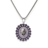 Vintage Stainless Steel Mandala Disc Pendant Necklace - Natural Picture Jasper Stone - Western Retro Flower Pendant for Men & Women