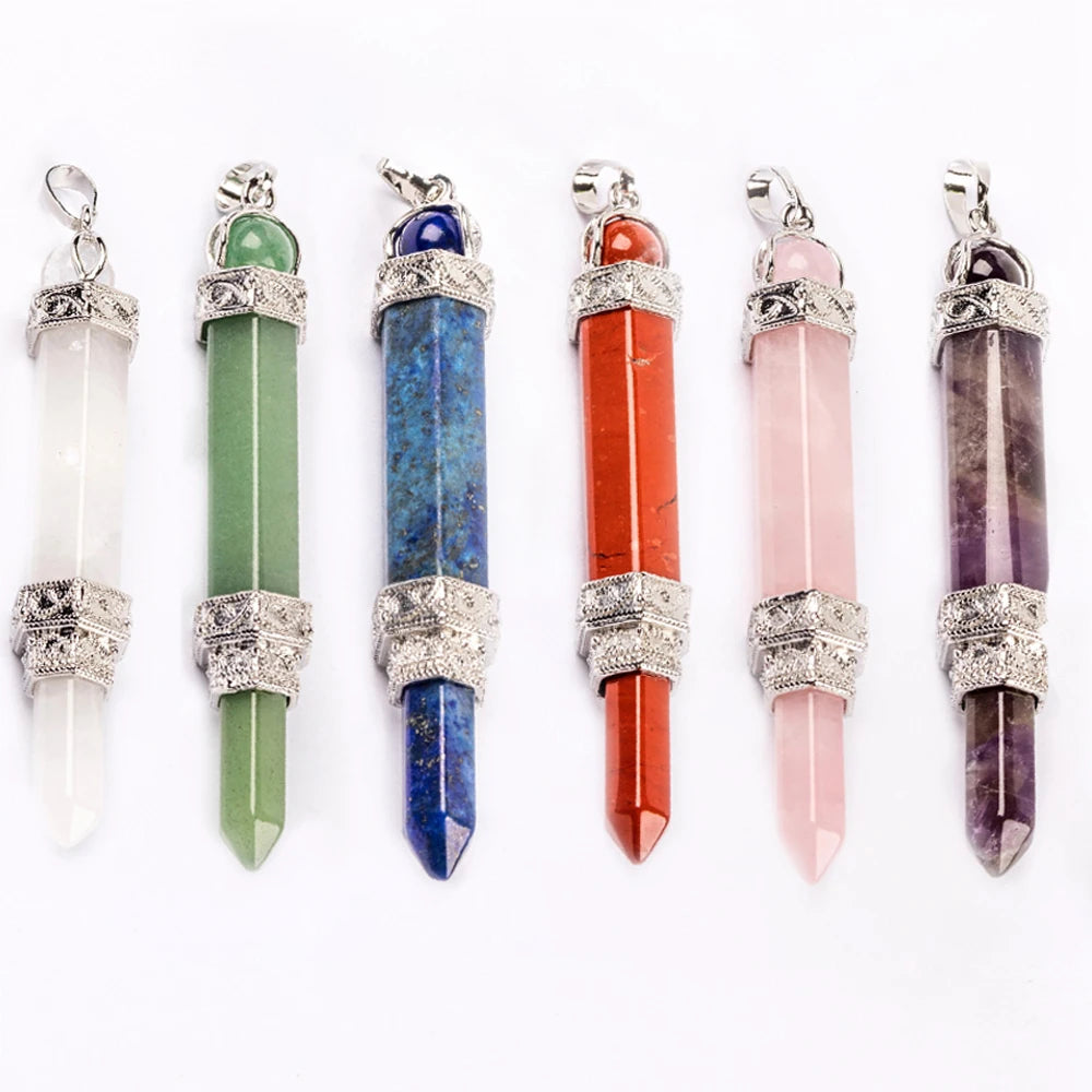 Natural Crystal Triple Point Wand Pendant, Hexagonal Double Terminated Crystal Stone Silver Ornament Reiki Chakra Healing Necklace Charm