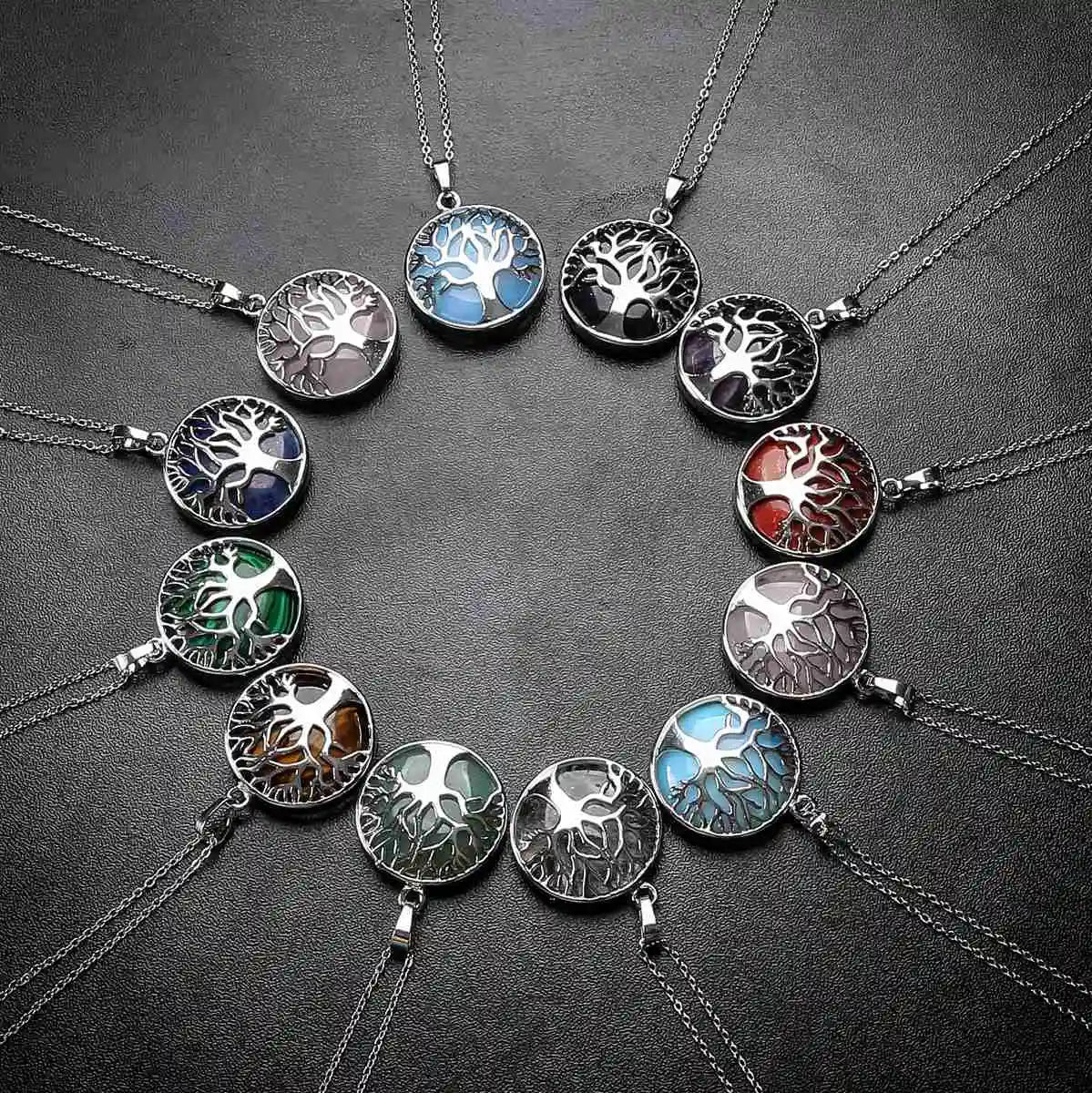 Handmade Tree of Life Healing Stone Pendant for Necklace Handmade Round Silver Alloy Gemstone  Crystal Pendant Charm Jewelry