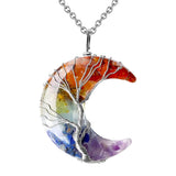 Natural Stone Tree of Life Moon Necklace • Silver Wire Wrapped Crescent Moon Crystal Pendant • Healing Chakra Celestial Jewelry Gift for Women Men