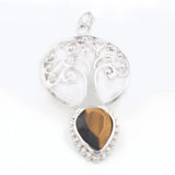 Silver Plated Life Of Tree Pendant with Teardrop Natural Crystal Stone Hollow Filigree Chakra Healing Gemstone Charm for Necklace Making