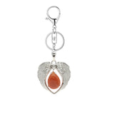 Silver Angel Wings Heart Keyring - Natural Stone Teardrop Crystal Keychain for Purse, Backpack, Handbag, Car Keys