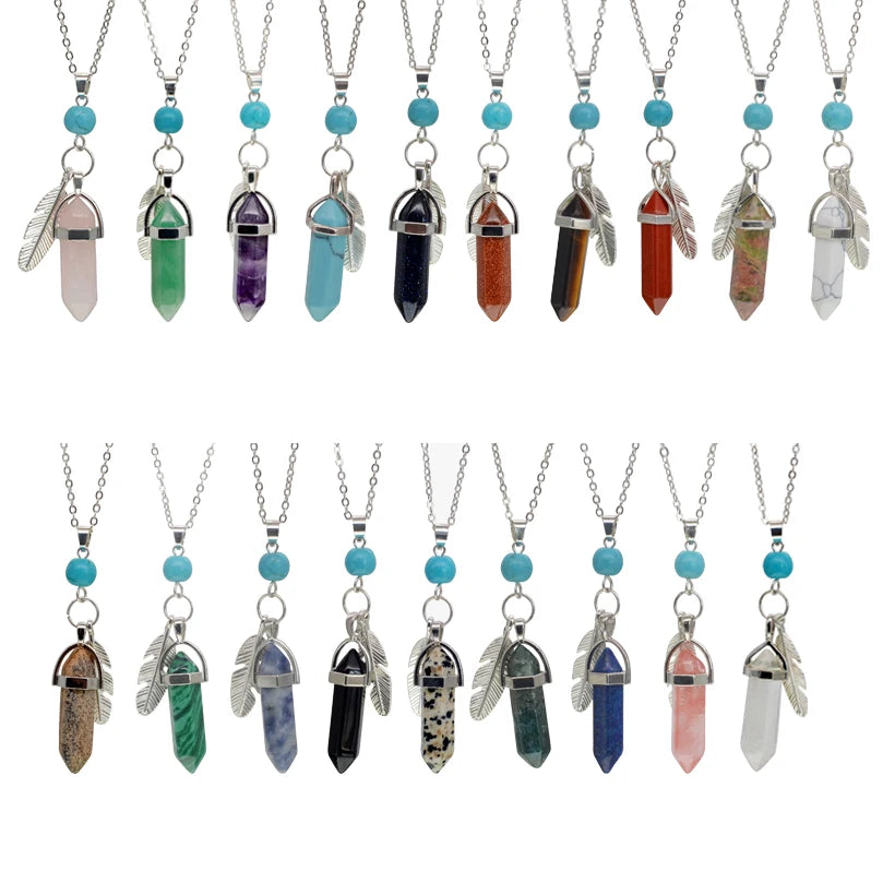 Natural Crystal Point Pendant Necklace with Feather Charm, Hexagonal Gemstone Bullet Point Necklace with Turquoise Bead, Healing Chakra Crystal Jewelry for Women