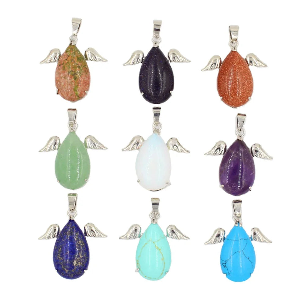 Angel Wing Water drop Necklace Healing Crystal Pendant Women's Chakra Balance Gemstone Necklace with 18 in cross Chain