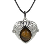 Angel Wing Heart Crystal Ball Pendant Necklace Silver Plated Natural Round Stone Chakra Healing Black Wax Cord Necklace for Women