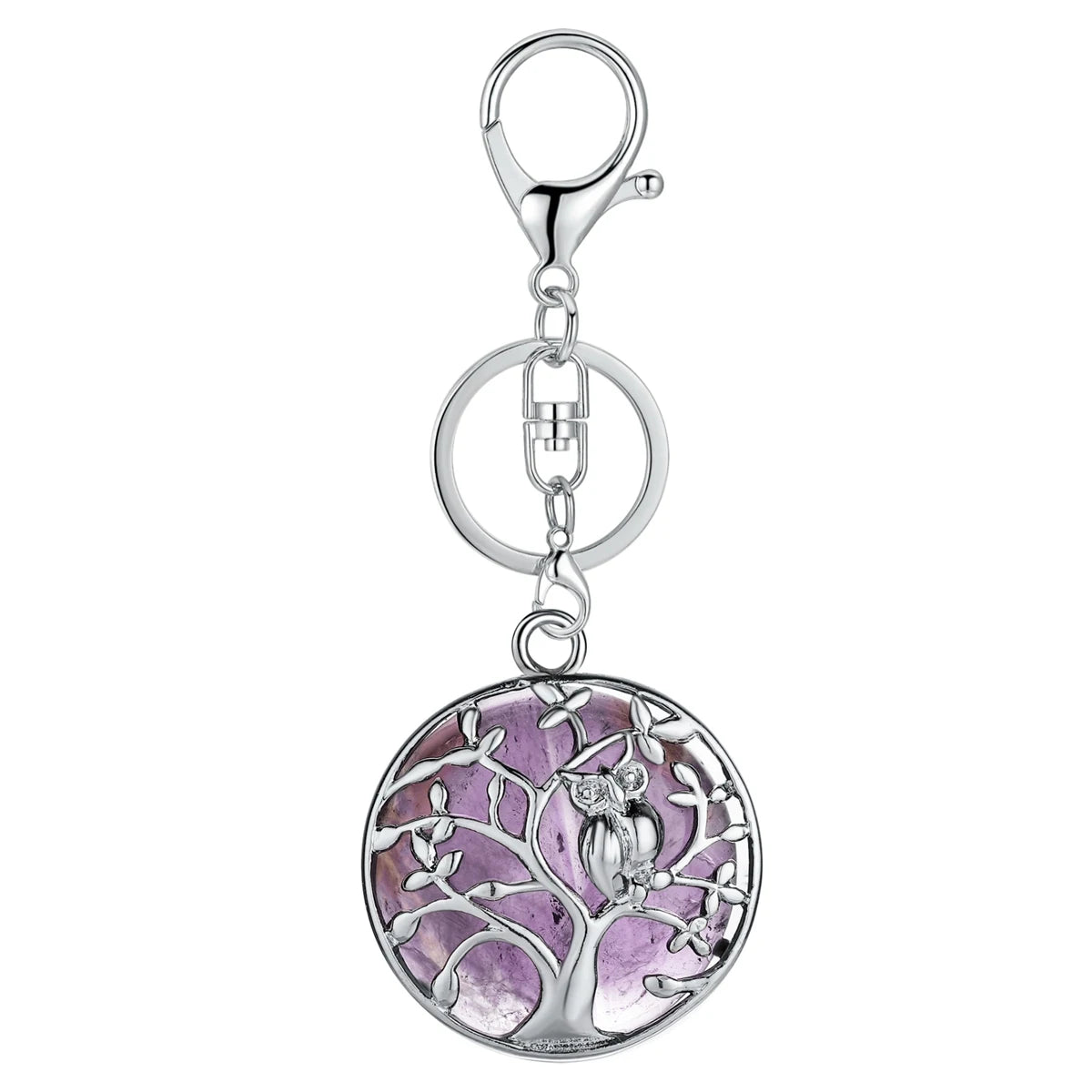 Sterling Silver Owl Tree of Life Gemstone Pendant Key chain with Round stones pendant For Women and men for Jewelry Making