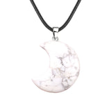 Natural Crescent Moon Necklace - Healing Crystal Moon Pendant with Black Leather Cord - Spiritual Reiki Jewelry for Women & Men