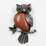 Vintage Antique Silver Owl Pendant, Natural Mixed Gemstone Owl on Branch Charm, Retro Metal Owl Inlaid Crystal Stone Pendant, Reiki Healing Animal Necklace Jewelry for Women
