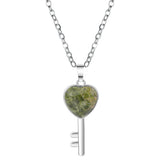 Natural Stone Heart Key Pendant Necklace, Silver Frame Gemstone Charm with Snake Chain for Women Jewelry Making