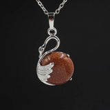 Natural Round Crystal Stone Pendant Wing Silver Plated Wrapped Gemstone Pendant Chakra Reiki Healing Crystal Charms for Jewelry Making Necklace