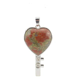 Silver Bezel Heart Natural Stone Key Pendant, Rhinestone Inlaid Chakra Gem Key Charm for DIY Necklace Jewelry Making