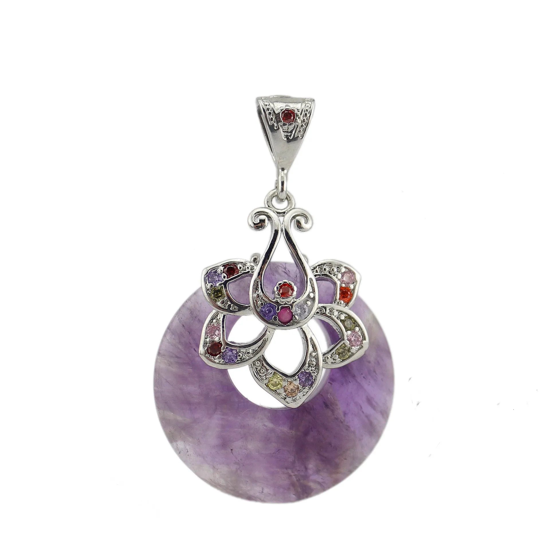 Multicolor Zircon Flower Silver Wrapped Donut Natural Agate Pendant, Round Peace Circle Chakra Healing Crystal Charm for DIY Necklace Making