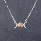 Triple Moon Goddess Natural Crystal Necklace, Silver Plated Triple Crescent Moon Pendant Round Cabochon Gemstone Necklace Reiki Chakra Healing Wicca Spiritual Jewelry for Women