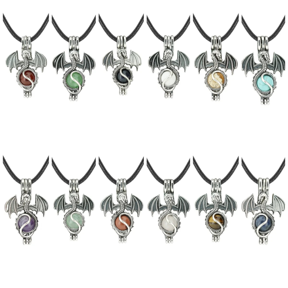 Gothic Stainless Steel Pterosaur Dragon Crystal Holder Necklace • Antique Silver Gemstone Ball Urn Pendant • Unisex Retro Punk Jewelry