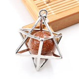 Merkaba Star Cage Natural Sphere Crystal Pendant Necklace, Silver‑Tone Metal Hollow Star Frame with Round Gemstone Bead Reiki Chakra Healing Necklace for Women