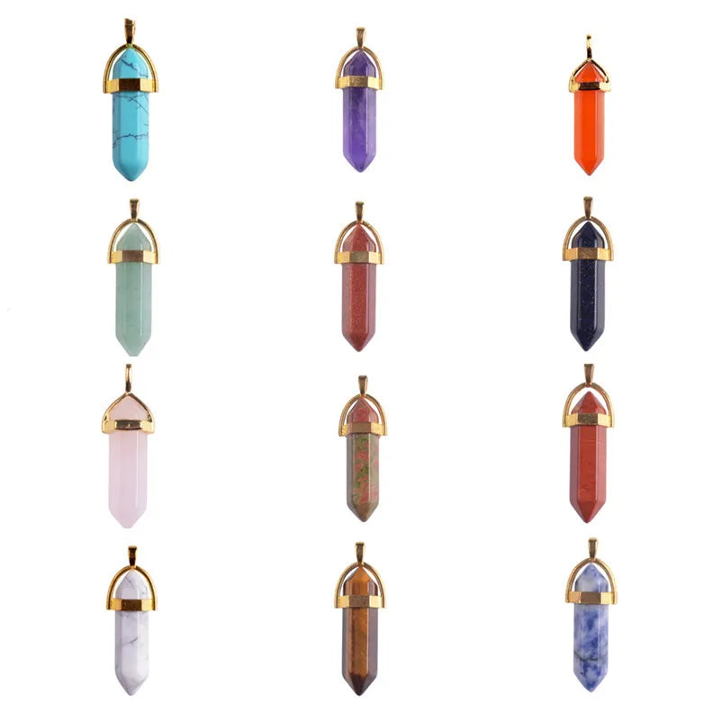 Natural Crystal Point Pendant Gold Plated Wrap Hexagonal Stone Chakra Healing Crystal Pendant for Necklace Making, Reiki Jewelry Supply