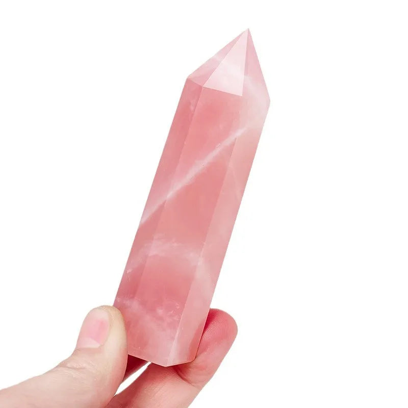 Multi-Sized Rose Quartz Stone Crystal Hexagonal Pillar Decoration Office Ornament Charms Tower Stone Crafts DIY Witchcraft Gift