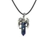 Gothic Winged Dragon Hexagonal Crystal Point Necklace, Vintage Silver Pterosaur Column Pendant, Punk Minimalist Protection Amulet with Black Rope Cord for Men & Women