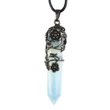 Antique Silver Flower Wire Wrapped Crystal Point Pendant, Natural Gemstone Double Terminated Point Pendant, Floral Metal Wrap Reiki Chakra Healing Pendulum Necklace Pendant for Women