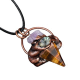 Vintage Copper Red Jasper Hexagon Pointer Necklace - Raw Amethyst & Abalone Shell Mixed Gemstone Wiccan Witchy Pendant
