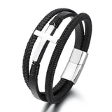 Men's Cross Faith Bracelet - Genuine Cowhide Leather & Stainless Steel Religious Wristband
