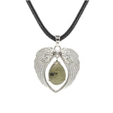 Vintage Silver Angel Wings Heart Necklace - Natural Stone Wax Cord Teardrop Pendant for Men & Women, Spiritual Gift