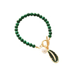 Vintage Green Malachite Bracelet Freshwater Pearl & Leaf Pendant Toggle Bracelet Elegant Bridal Party Stacking Jewelry Gift
