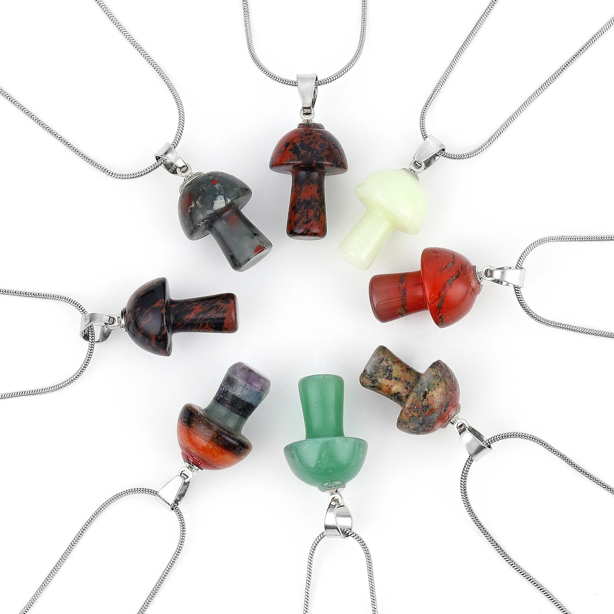 15×20mm Natural Crystal Mushroom Pendant Necklace, Mini Gemstone Chakra Healing Jewelry