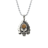 Gothic Flame Skull Pendant Necklace • Stainless Steel Ball Chain with Natural Gemstone Ball • Punk Hip Hop Skeleton Rocker Jewelry for Men Women