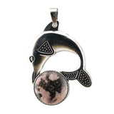 Bohemian Silver Marine Dolphin Gemstone Amulet • Cute Sea Animal Crystal Sphere Holder Charm • Unisex Coastal Beach Lover Jewelry Gift
