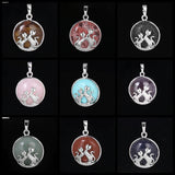 Natural Gemstone Round Pendant Silver‑Tone Double Cat Silhouette Overlay Charm, Mixed Crystal Stone Cat Lover Pendant DIY Necklace Jewelry Making Reiki Healing
