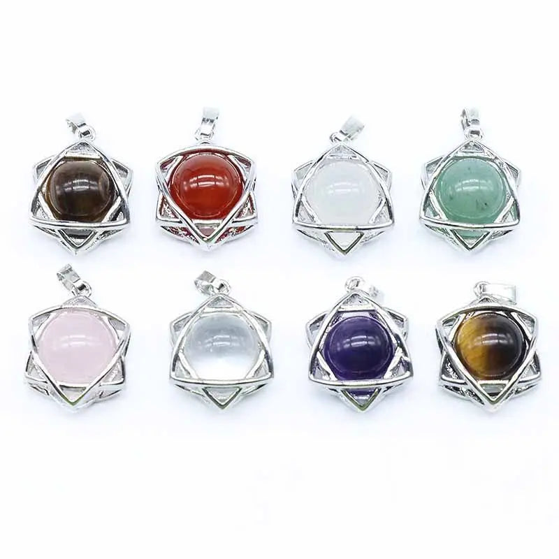 Star of David Natural Crystal Stone Pendant, Merkaba Hexagram Round Gemstone Chakra Reiki Healing Pendant Necklace Jewelry for Women Men Gift