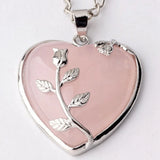 Heart Pendant Silver Rose Flower Wrapped Crystal Stone Necklace Charm for Women Girls Jewelry Gift