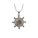Vintage Silver Ship Rudder Pendant Necklace • Antique Nautical Helm Wheel Locket with Snake Chain • Coastal Ocean Theme Crystal Choker Jewelry Gift