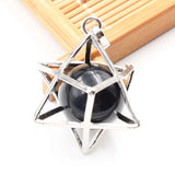 Merkaba Star Cage Natural Sphere Crystal Pendant Necklace, Silver‑Tone Metal Hollow Star Frame with Round Gemstone Bead Reiki Chakra Healing Necklace for Women