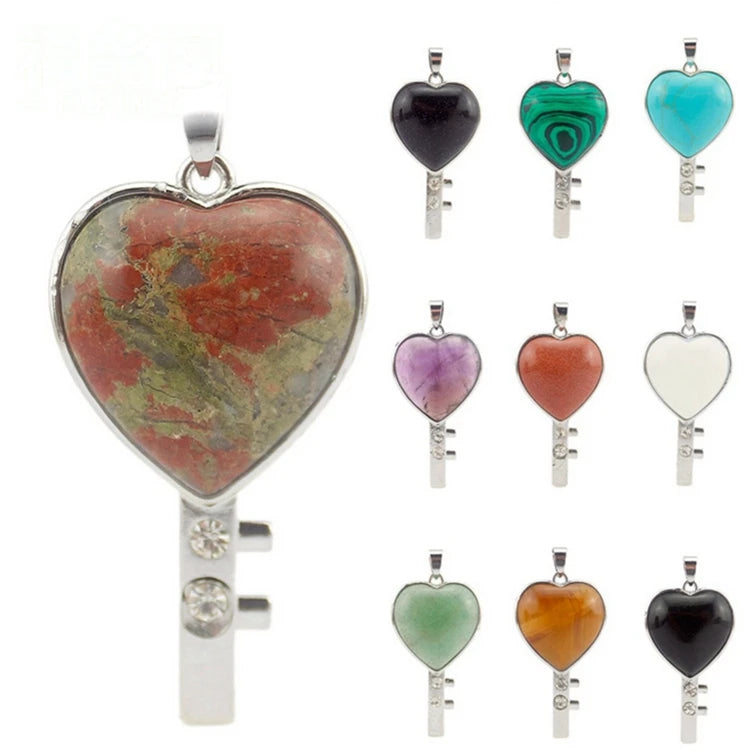Silver Bezel Heart Natural Stone Key Pendant, Rhinestone Inlaid Chakra Gem Key Charm for DIY Necklace Jewelry Making