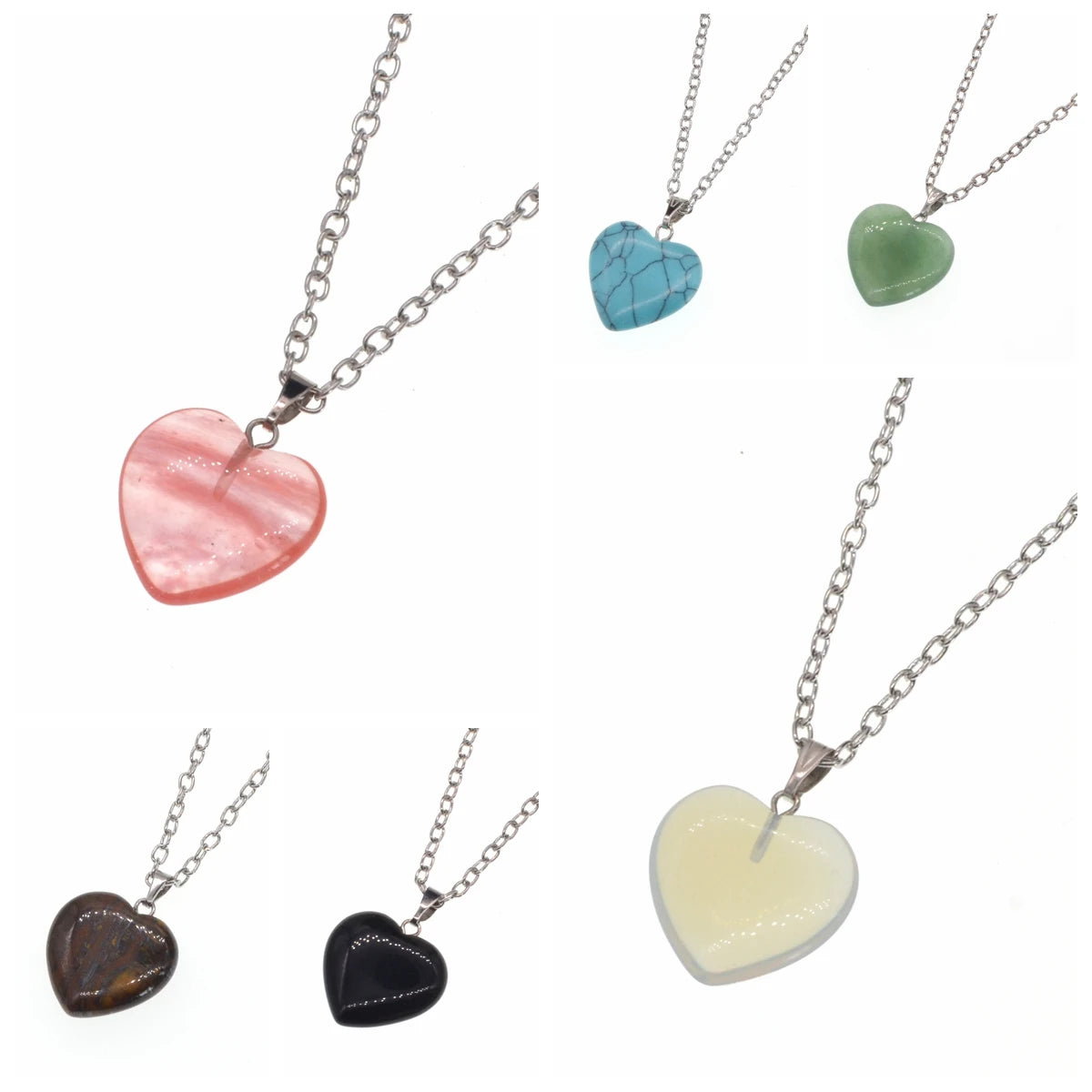 Natural Polished Heart‑Shaped Gemstone Pendant Necklace, Multi‑Variety Crystal Heart Charm with Silver Plated Chain, Reiki Chakra Healing Stone Love Heart Necklace for Women