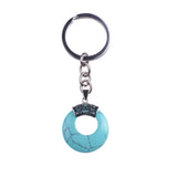 Natural Gemstone Donut Keychain Antique Silver Crown Bail Peace Circle Crystal Key Ring Reiki Healing Stone Key Chain Charm Bag Purse Hanging Ornament