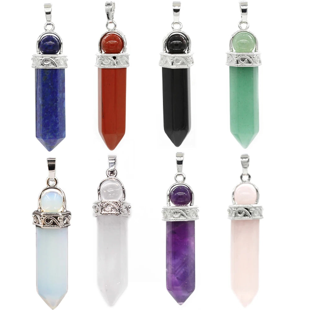 Natural Crystal Hexagonal Point Pendant, Chakra Stone Bead Top Double‑Stone Necklace Charm Reiki Healing Crystal Pendant for Jewelry Making