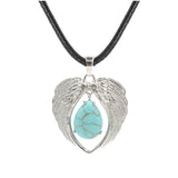 Vintage Silver Angel Wings Heart Necklace - Natural Stone Wax Cord Teardrop Pendant for Men & Women, Spiritual Gift