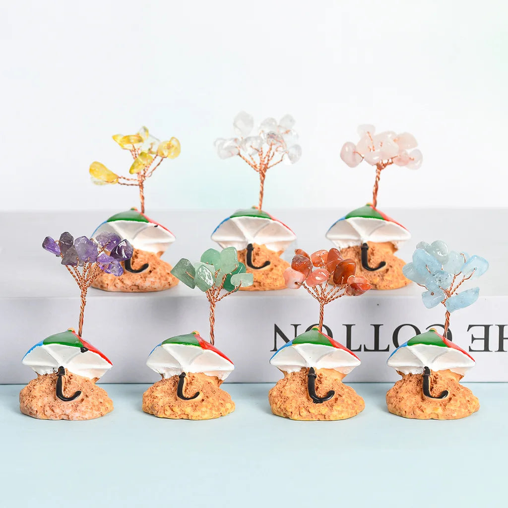 Handmade Gemstone Tree with Beach Umbrella Figurine | Mini Natural Crystal Copper Wire Ornament for Home Decor & Kids Gifts