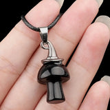 3cm Natural Crystal Mushroom Pendant Necklace | Silver-Plated Witch Hat Gemstone Charm with Black Cord