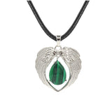 Vintage Silver Angel Wings Heart Necklace - Natural Stone Wax Cord Teardrop Pendant for Men & Women, Spiritual Gift