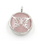 Silver Plated Hollow Butterfly Pendant Natural Round Cabochon Gemstone Inlay Charm for DIY Necklace Jewelry Making